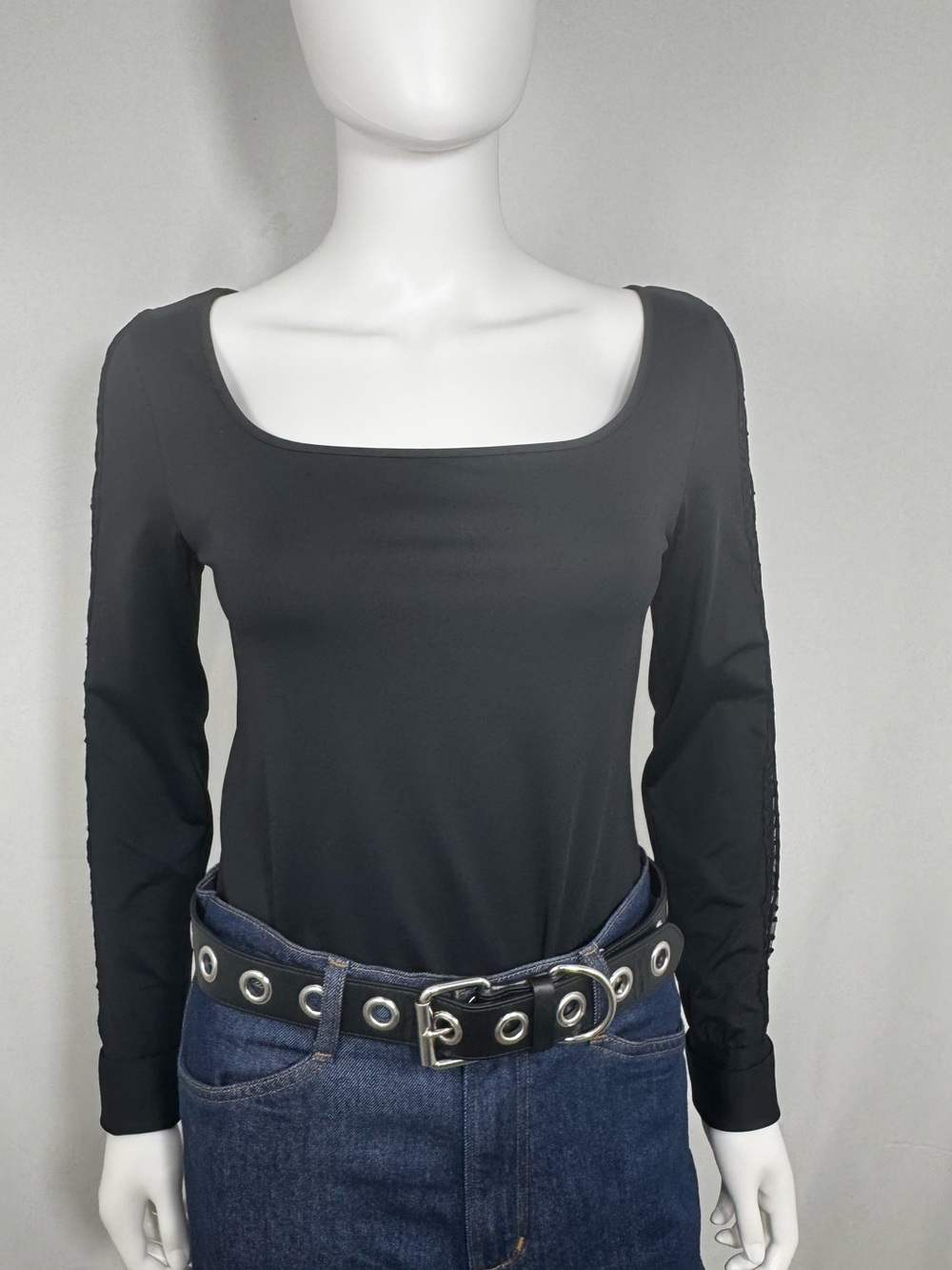 Anne Fontaine Black Square Neck Mesh Openwork Lace Detail Sleeve Stretch Top M